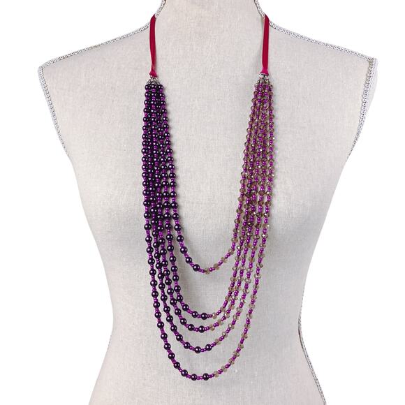 VTG Signed "Lane" Long Multi Strand Purple Acrylic Bead Necklace Ribbon 32-35" - Picture 1 of 11
